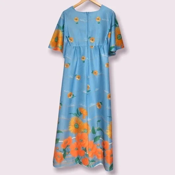Vintage Maxi Dress Womens XS Blue Orange Floral 100 Parkhouse Dallas Cape Sleeve - Picture 4 of 10
